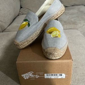 Soludos Gray Espadrille Platform Shoes with Yellow Lemon Embroidery